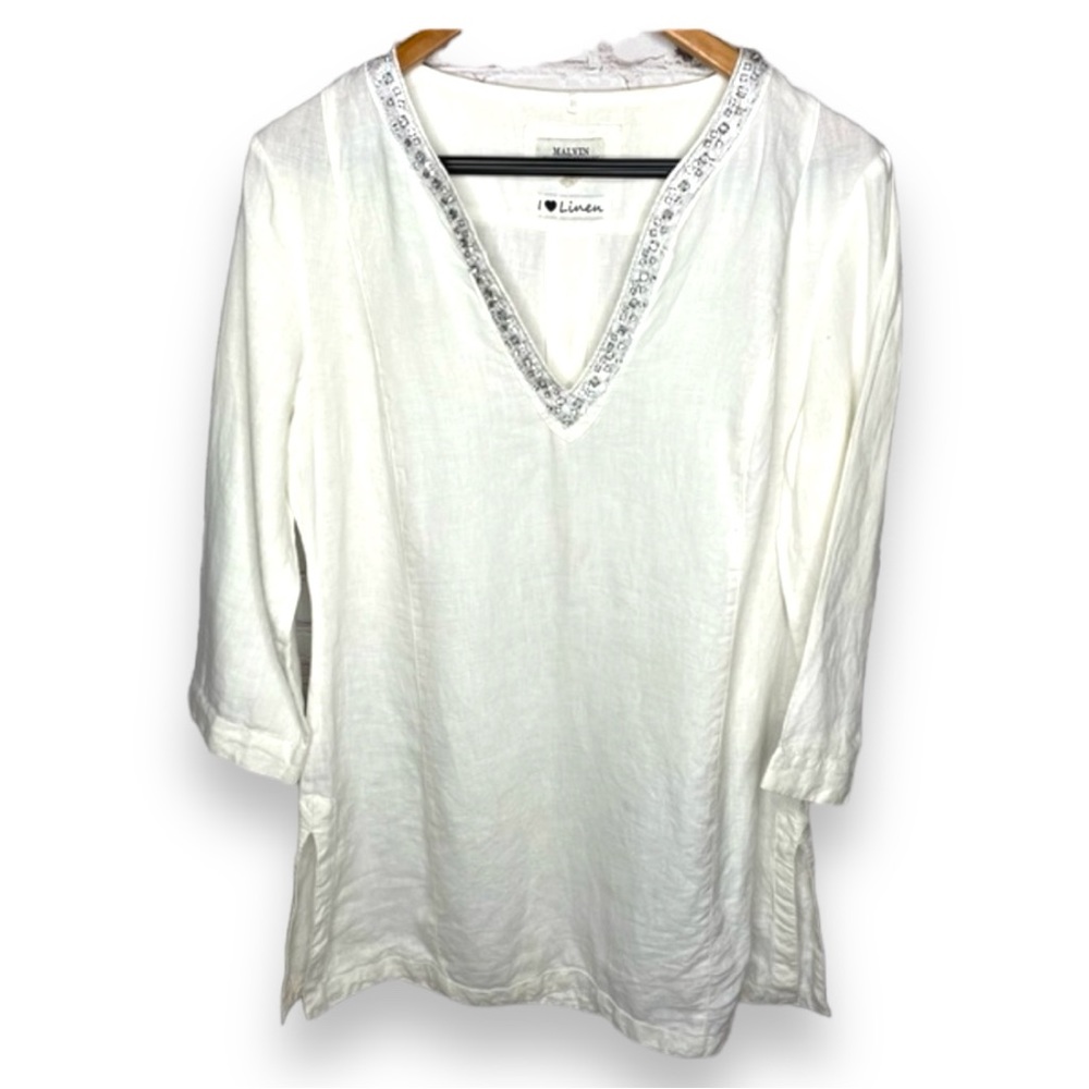 Malvin Hamburg Germany White Linen Rhinestone Tunic Top L